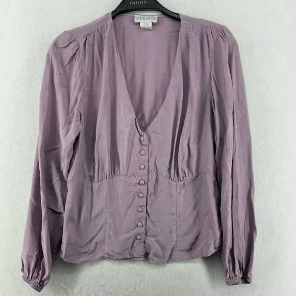 Apricot Blouse Women's Sz Small Purple Button-Up V-Neck Puff Sleeve Pleated - Picture 1 of 12